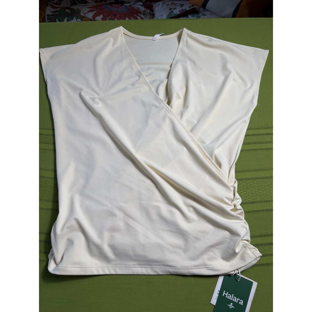 Halara Womens Surplice Wrap Top Cream V-Neck Ruched Side Short Sleeve Small NWT